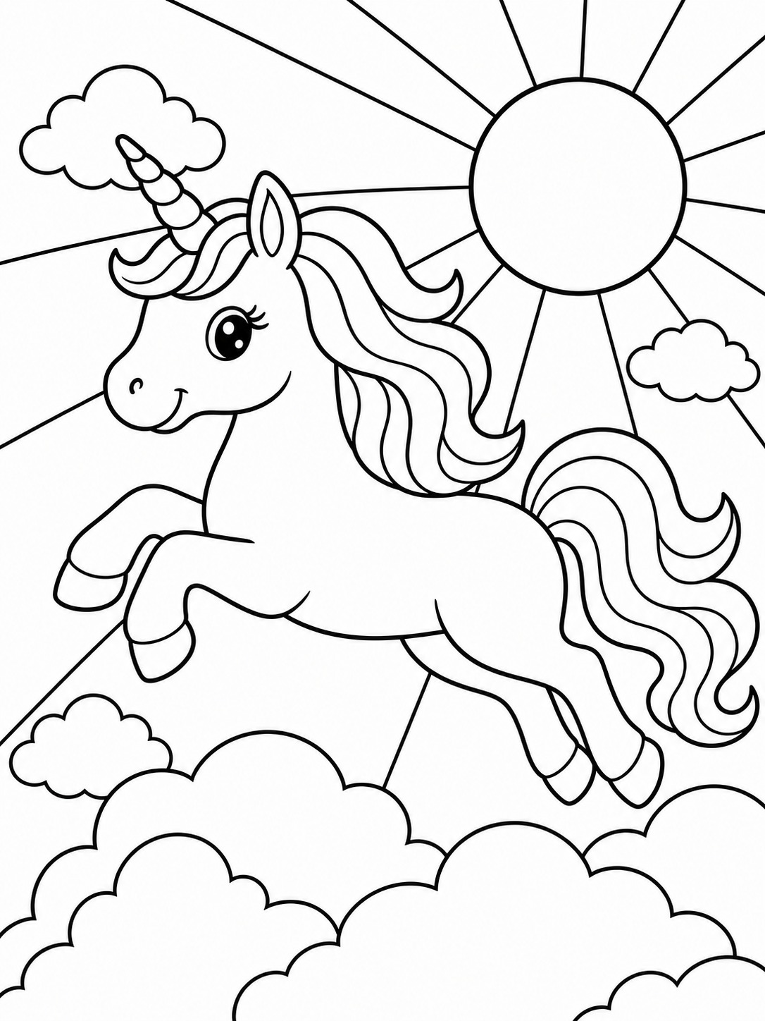 Printable line-art coloring page of unicorn jumping over clouds.