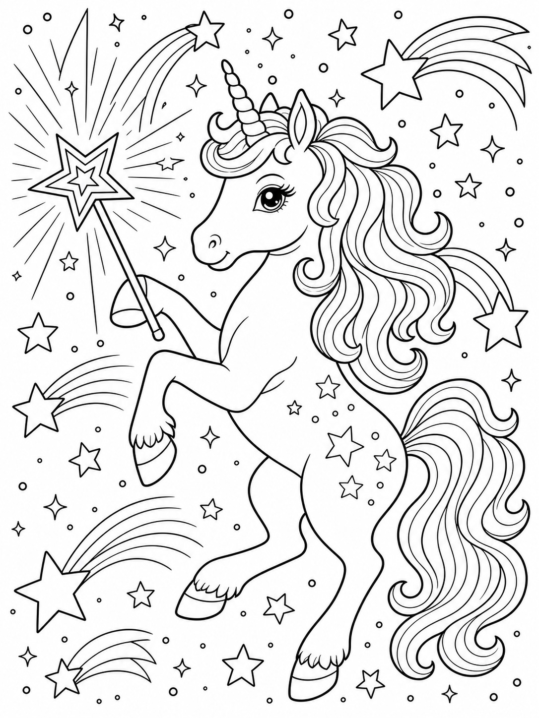 Printable line-art coloring page of unicorn with magic wand.