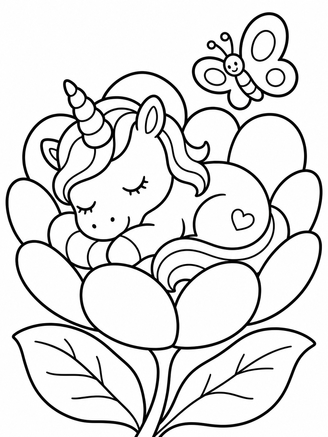 Printable line-art coloring page of sleeping baby unicorn in a nest.