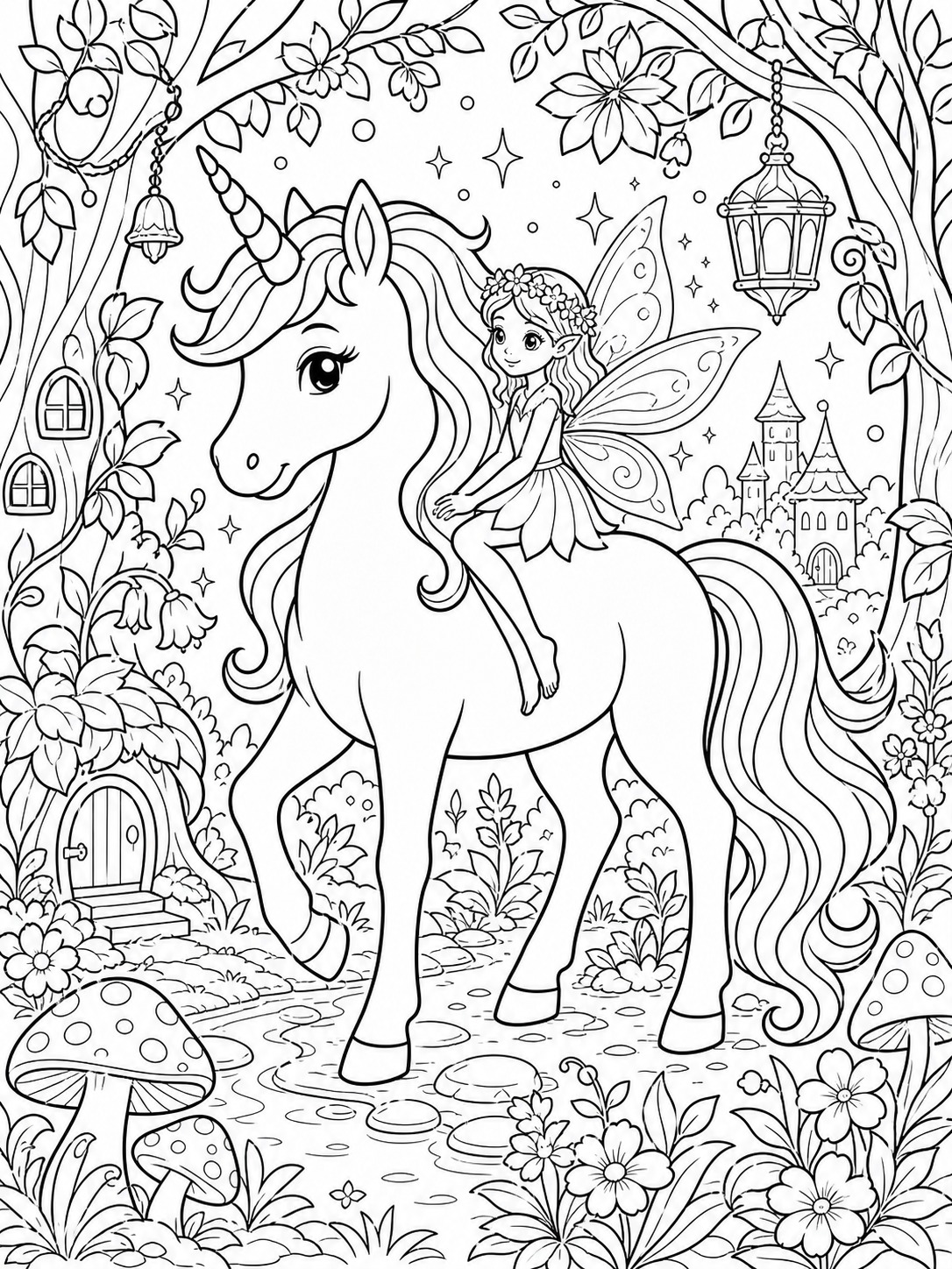 Printable line-art coloring page of unicorn and fairy.