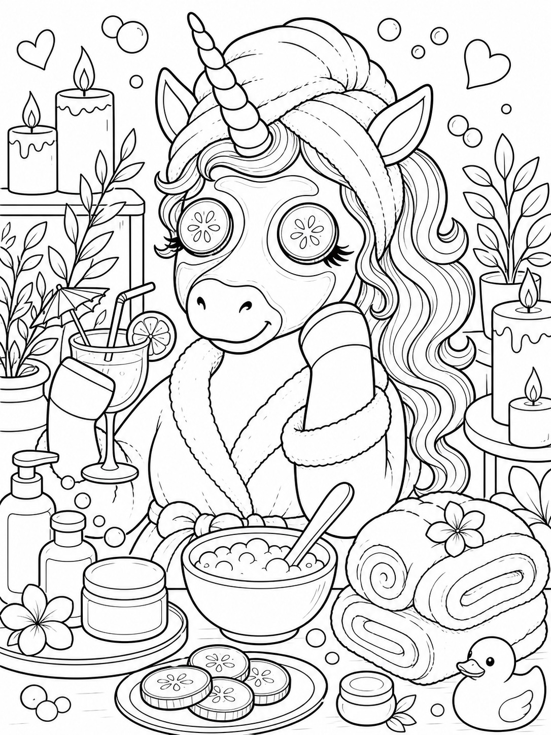 Printable line-art coloring page of unicorn self-care spa.