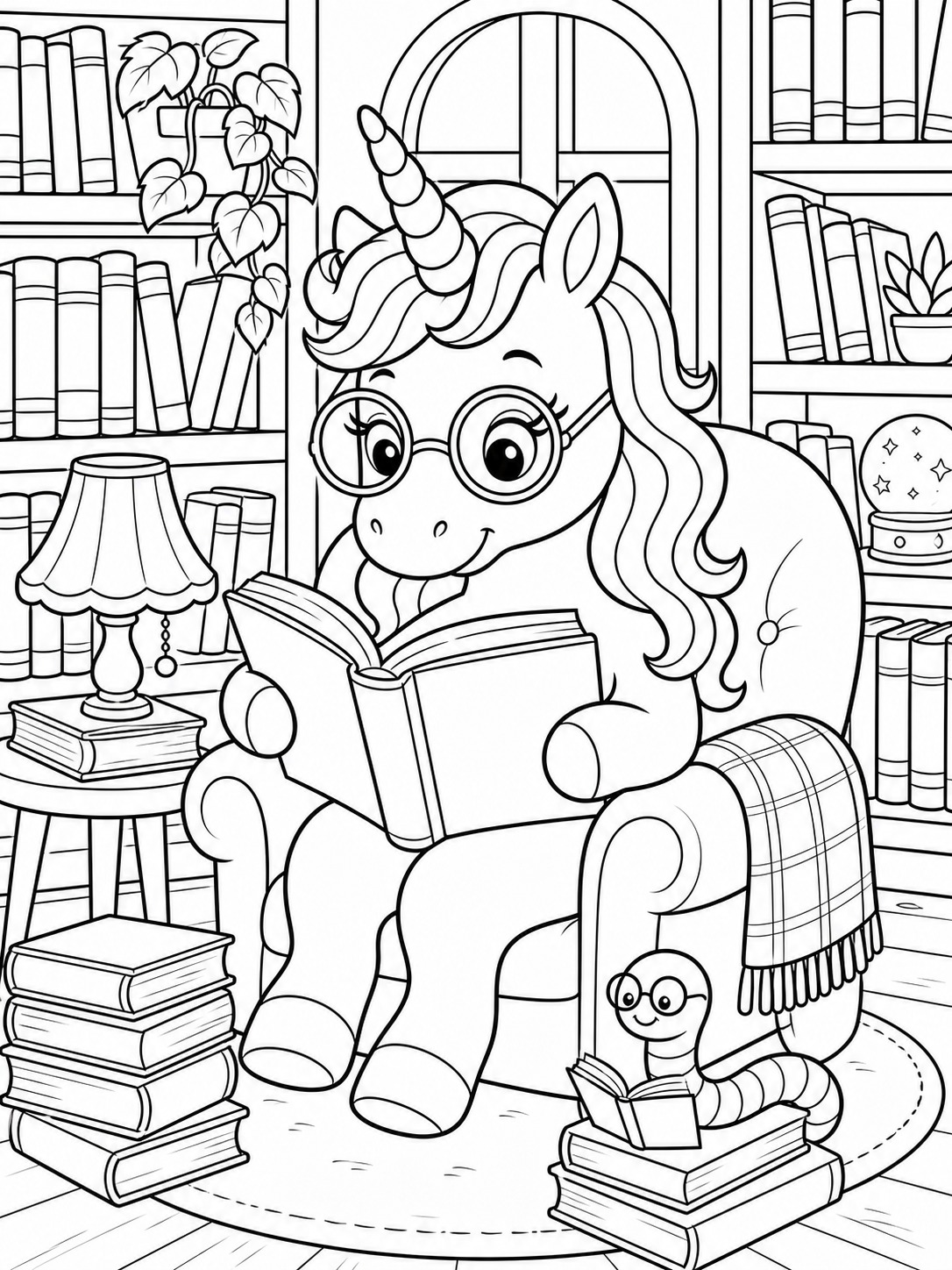Printable line-art coloring page of unicorn bookworm.