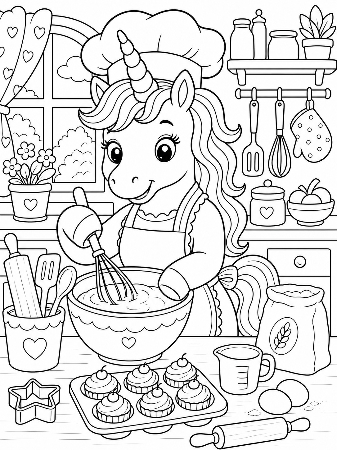 Printable line-art coloring page of unicorn chef.