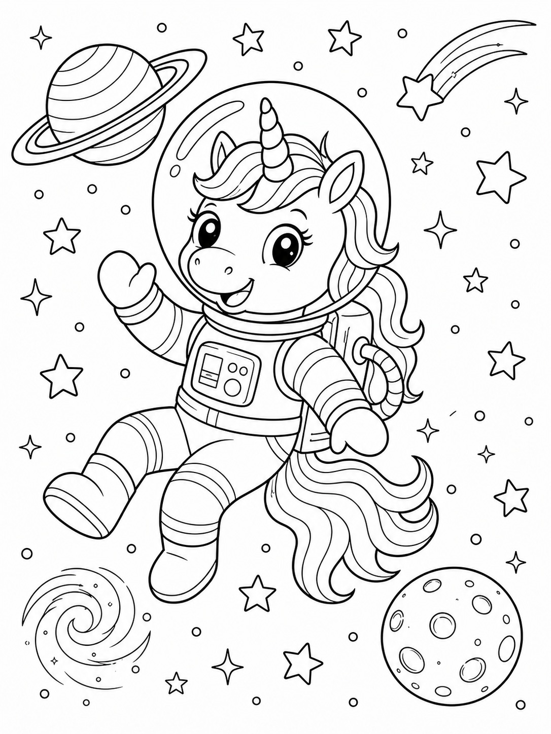 Printable line-art coloring page of unicorn astronaut.