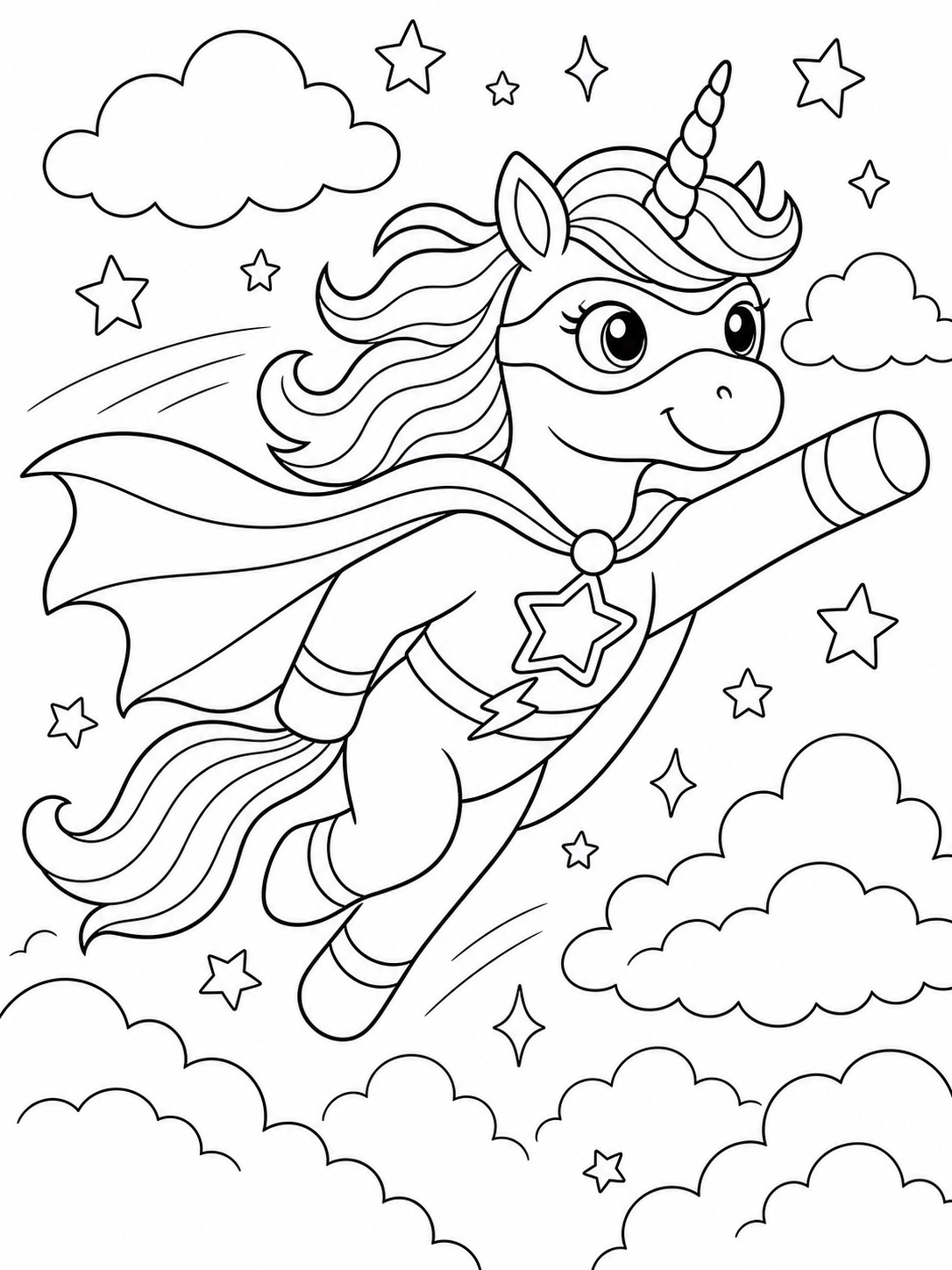 Printable line-art coloring page of unicorn superhero.