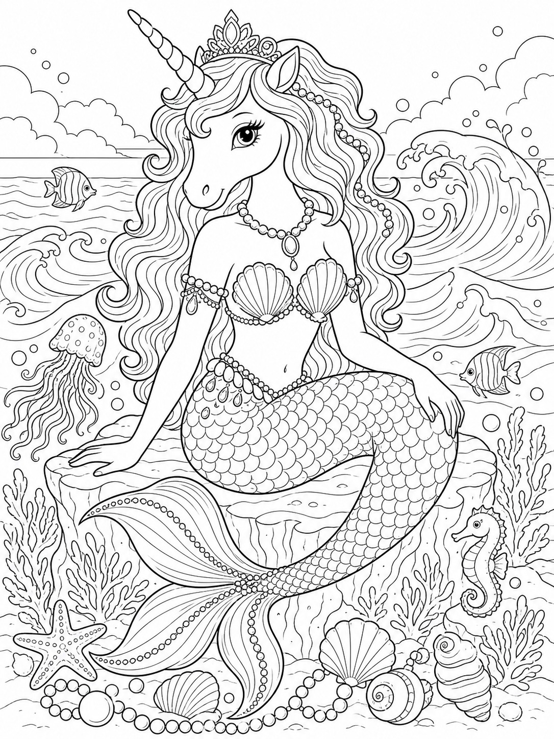 Printable line-art coloring page of unicorn mermaid princess.