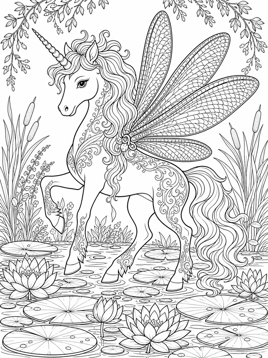 Printable line-art coloring page of unicorn with dragonfly wings.