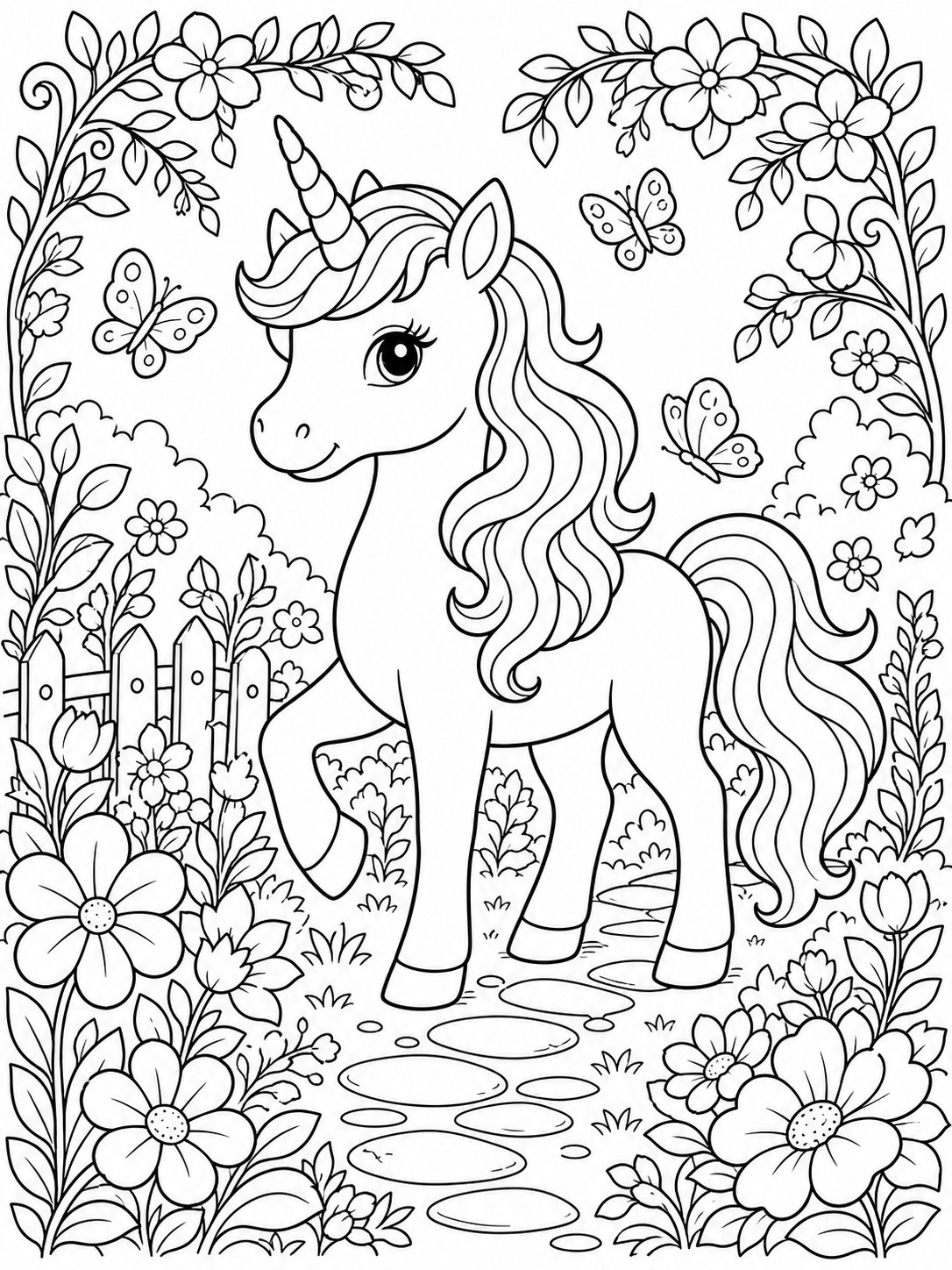 Printable line-art coloring page of unicorn garden scene.