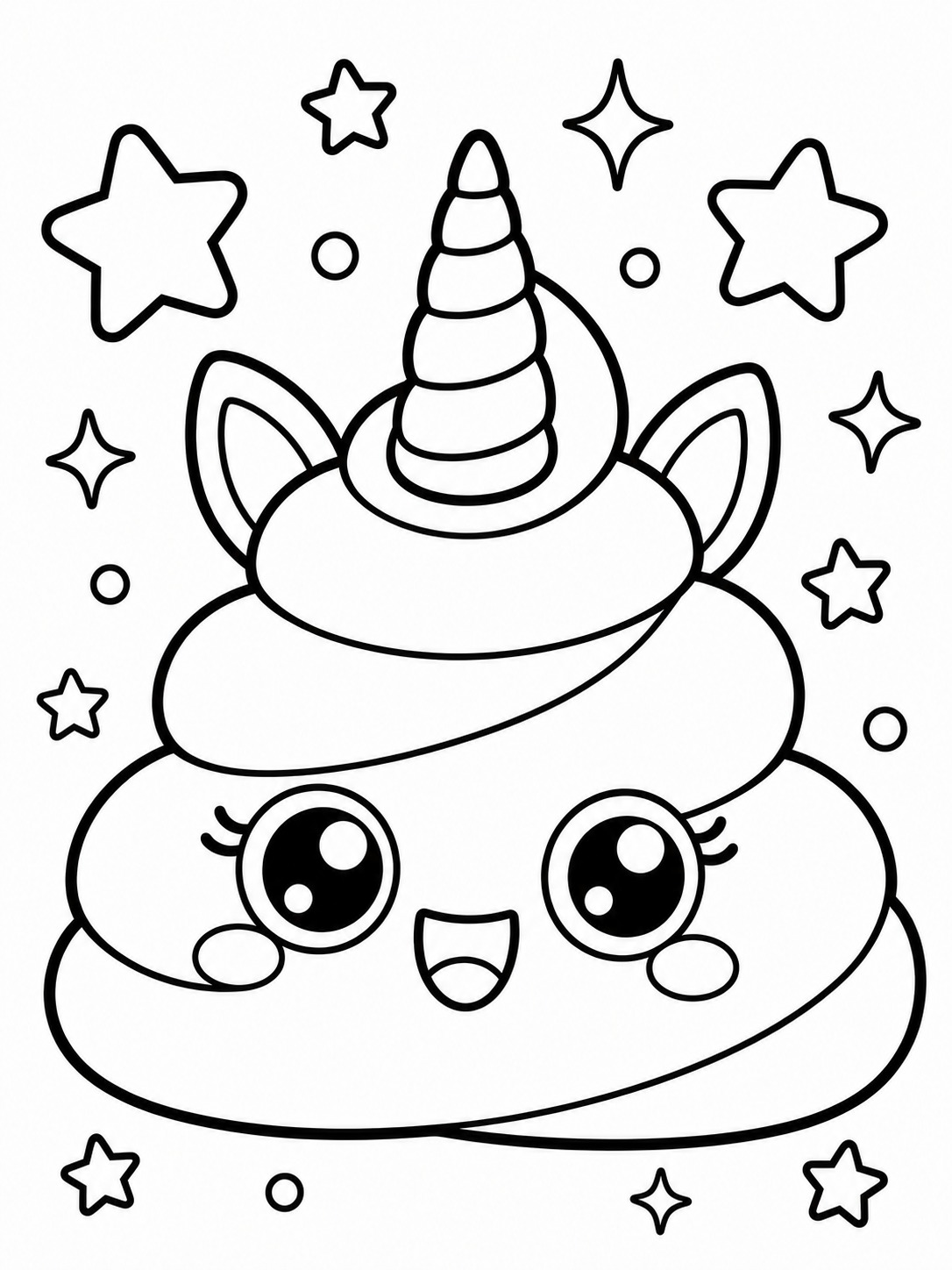 Printable line-art coloring page of unicorn rainbow poop (emoji style).