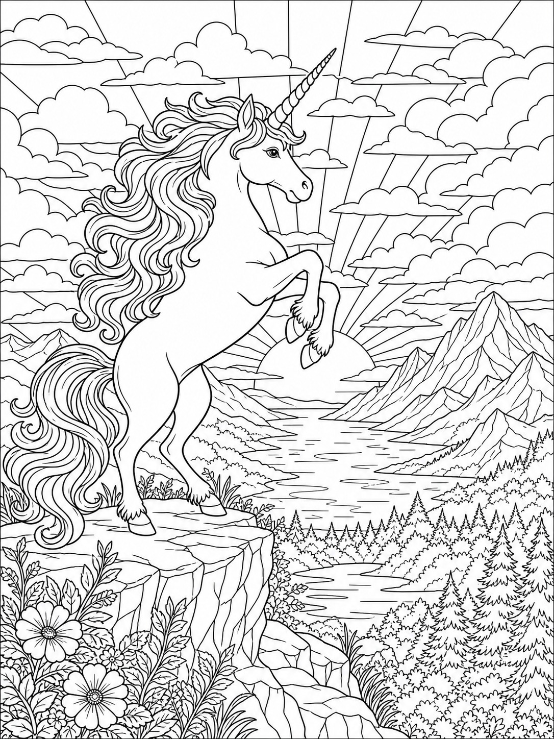 Printable line-art coloring page of unicorn silhouette landscape.