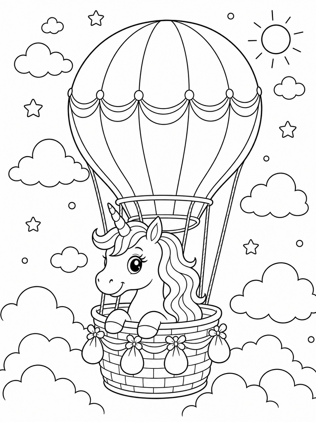 Printable line-art coloring page of unicorn in hot air balloon.