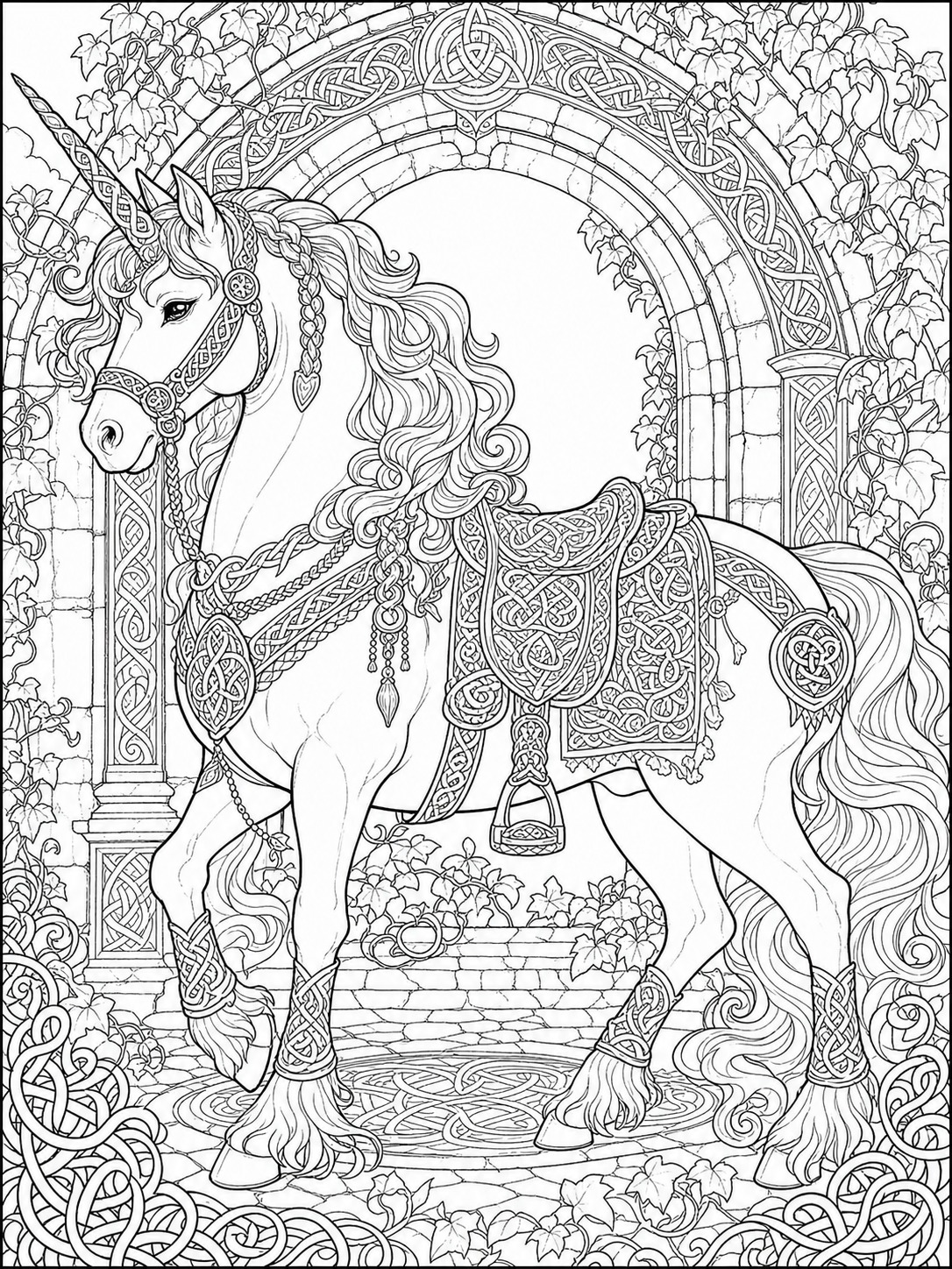 Printable line-art coloring page of adult coloring: intricate celtic knotwork unicorn.