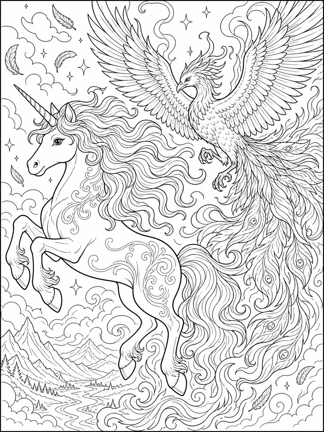 Printable line-art coloring page of unicorn and phoenix.