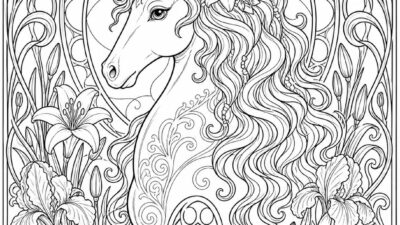 Printable line-art coloring page of unicorn art nouveau style.