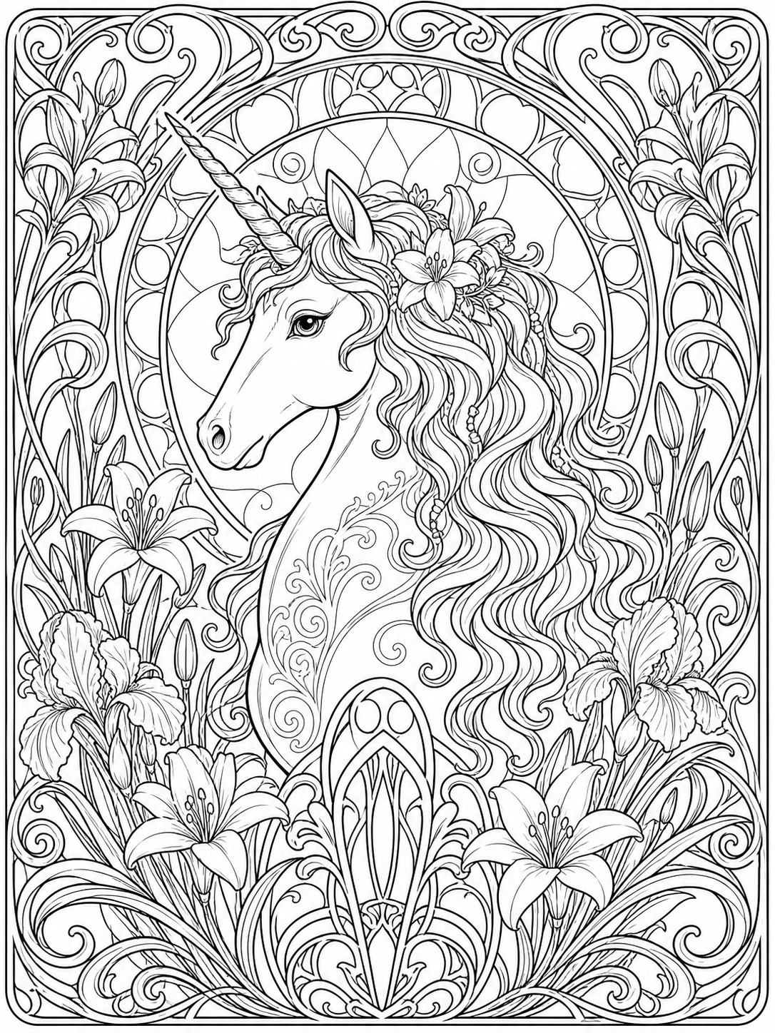 Printable line-art coloring page of unicorn art nouveau style.