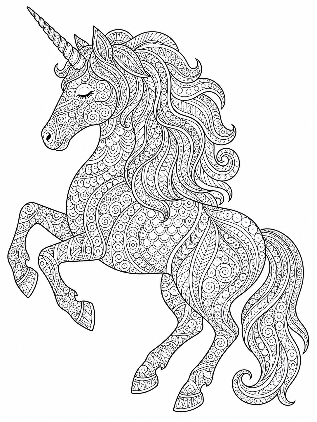 Printable line-art coloring page of unicorn zentangle.