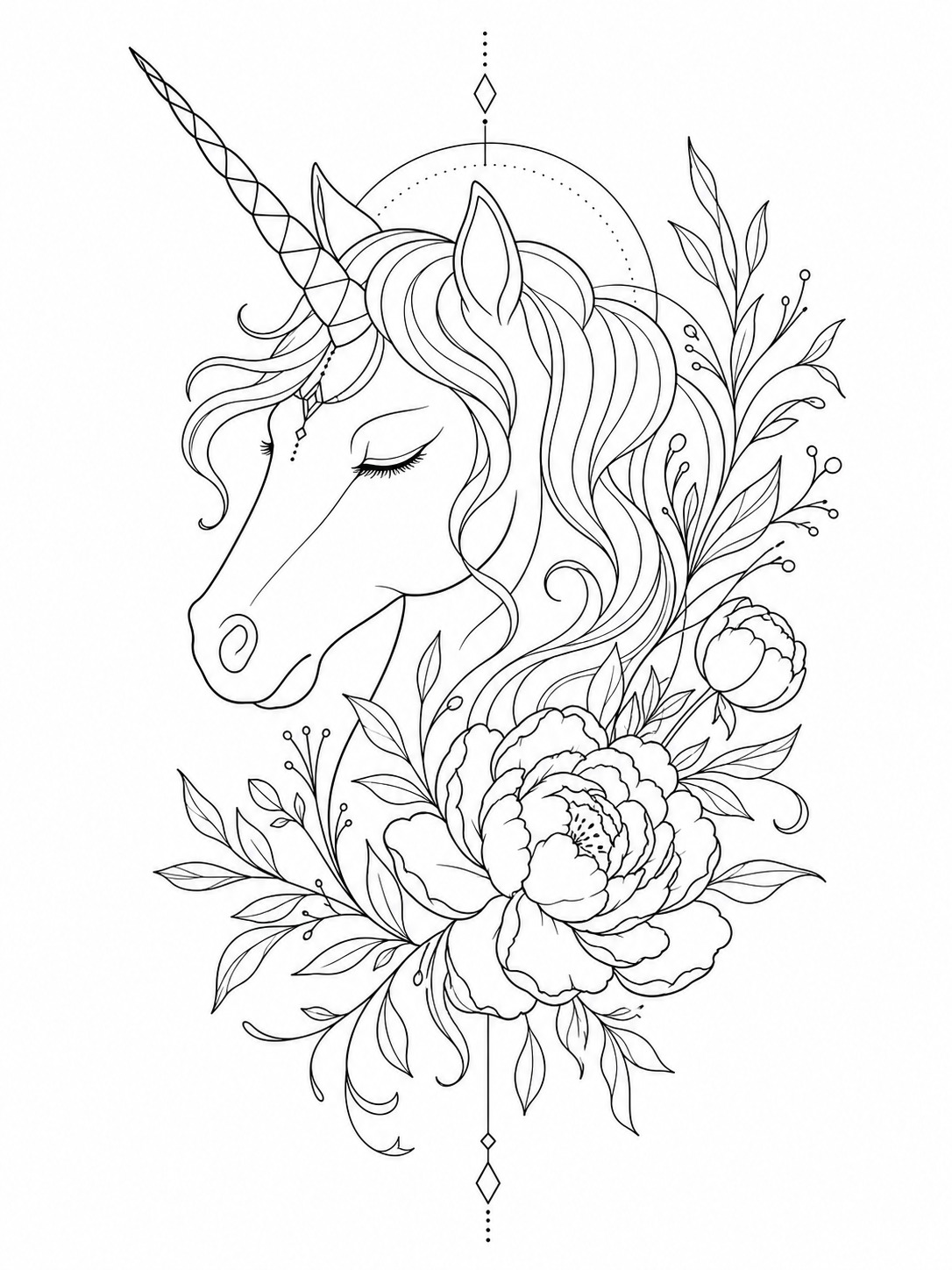 Printable line-art coloring page of unicorn portrait with tattoo style.