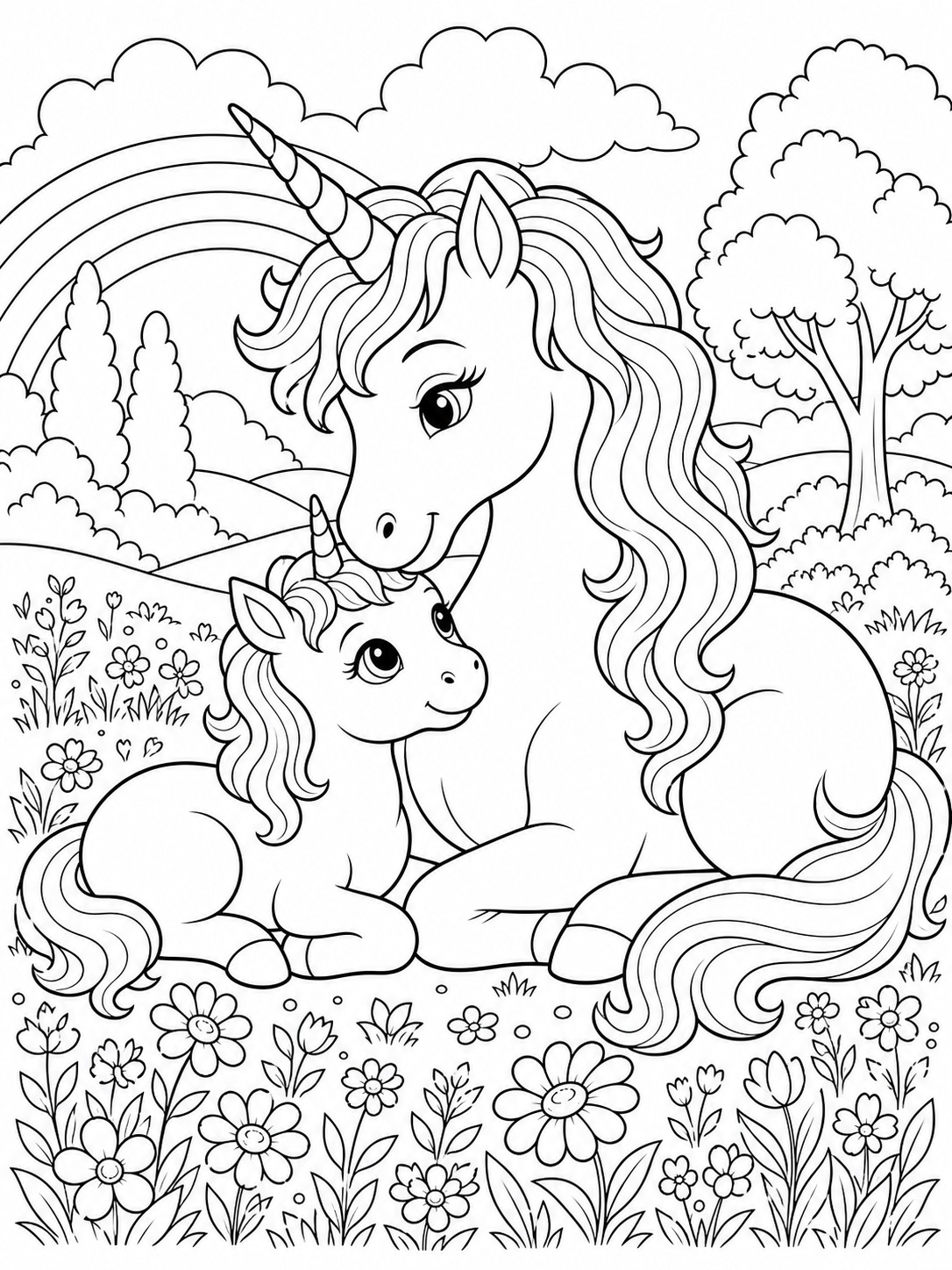 Printable line-art coloring page of unicorn family (mom, dad, baby).