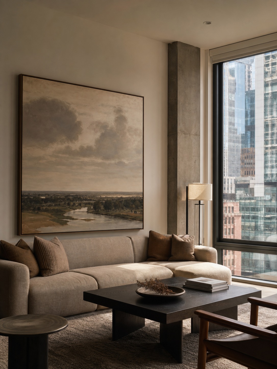 Oversized landscape canvas behind a sofa in an urban apartment living room.