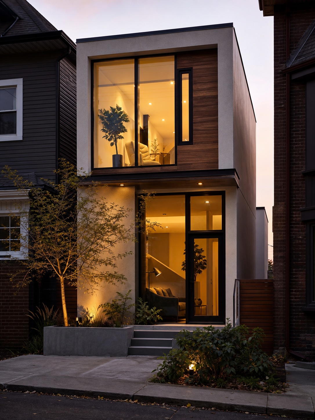 Modern compact urban home on a narrow lot A compact two-story urban home glows warmly at dusk between close neighboring buildings. | Sky Rye Design A compact two-story urban home glows warmly at dusk between close neighboring buildings.