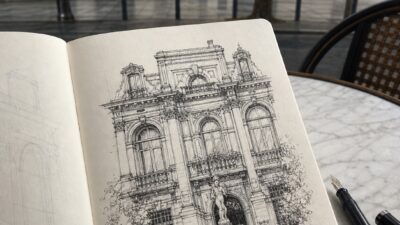 Sketchbook page with an architectural facade ink drawing and drawing pen on an outdoor table.