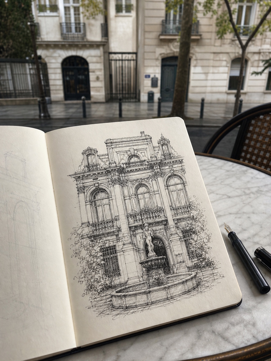 Sketchbook page with an architectural facade ink drawing and drawing pen on an outdoor table.