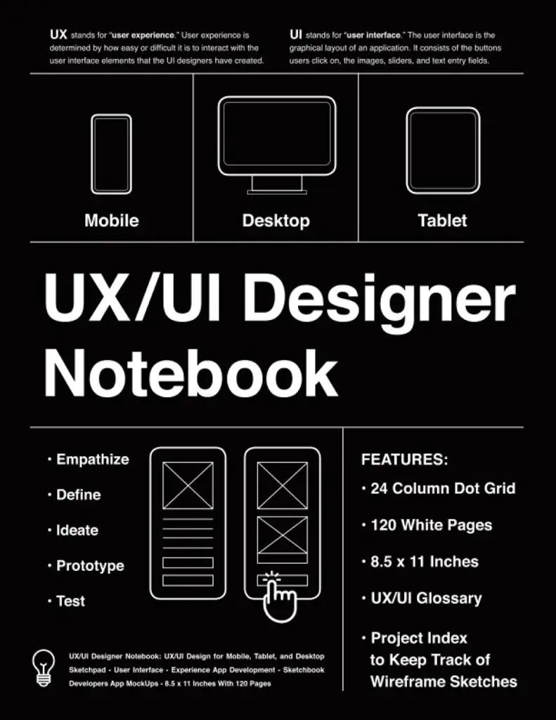 Black UX/UI Designer Notebook cover with mobile, desktop, tablet icons, wireframe templates and features list