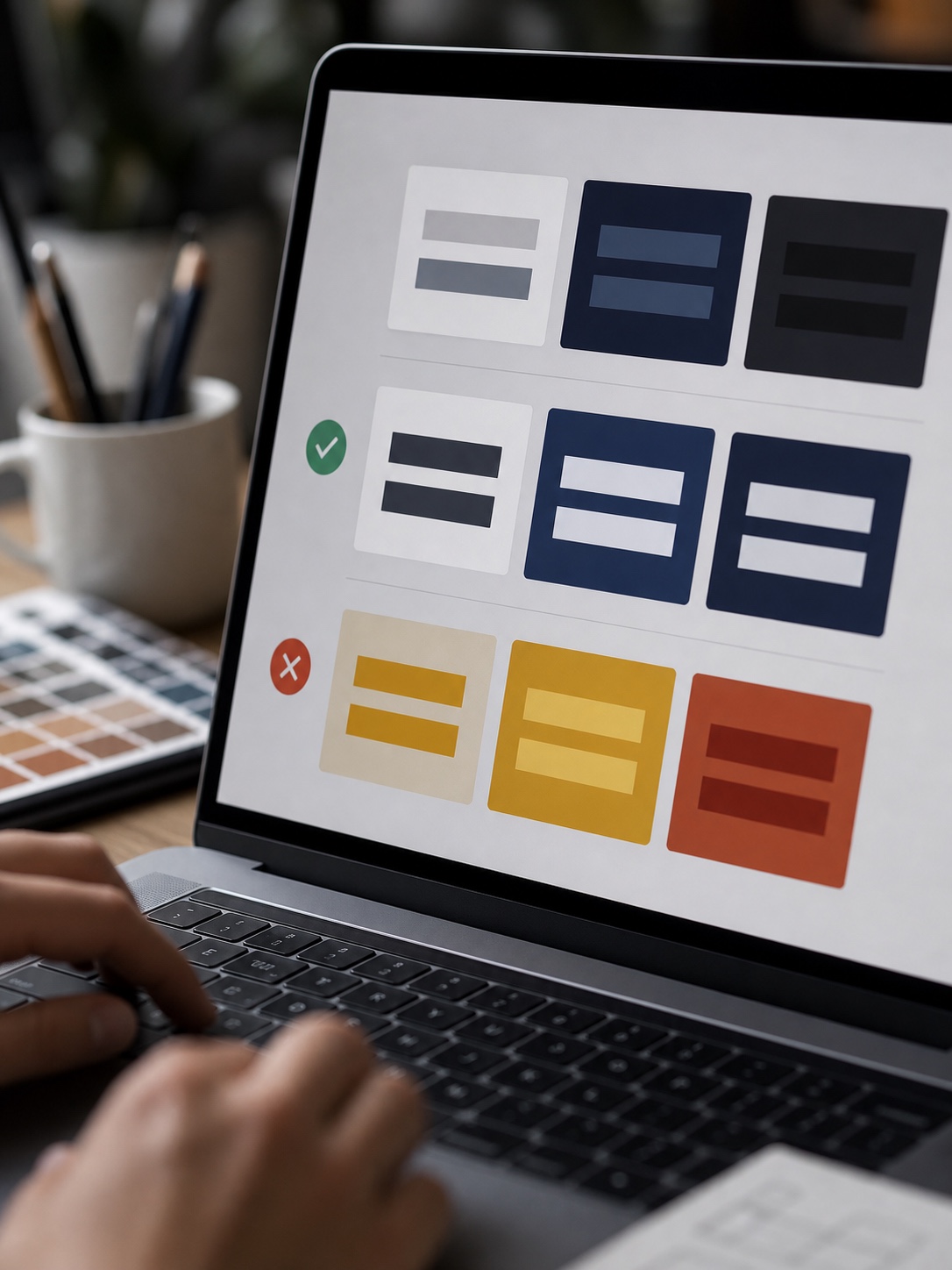 Laptop screen showing an abstract color contrast checker with pass and fail swatches while a designer types.
