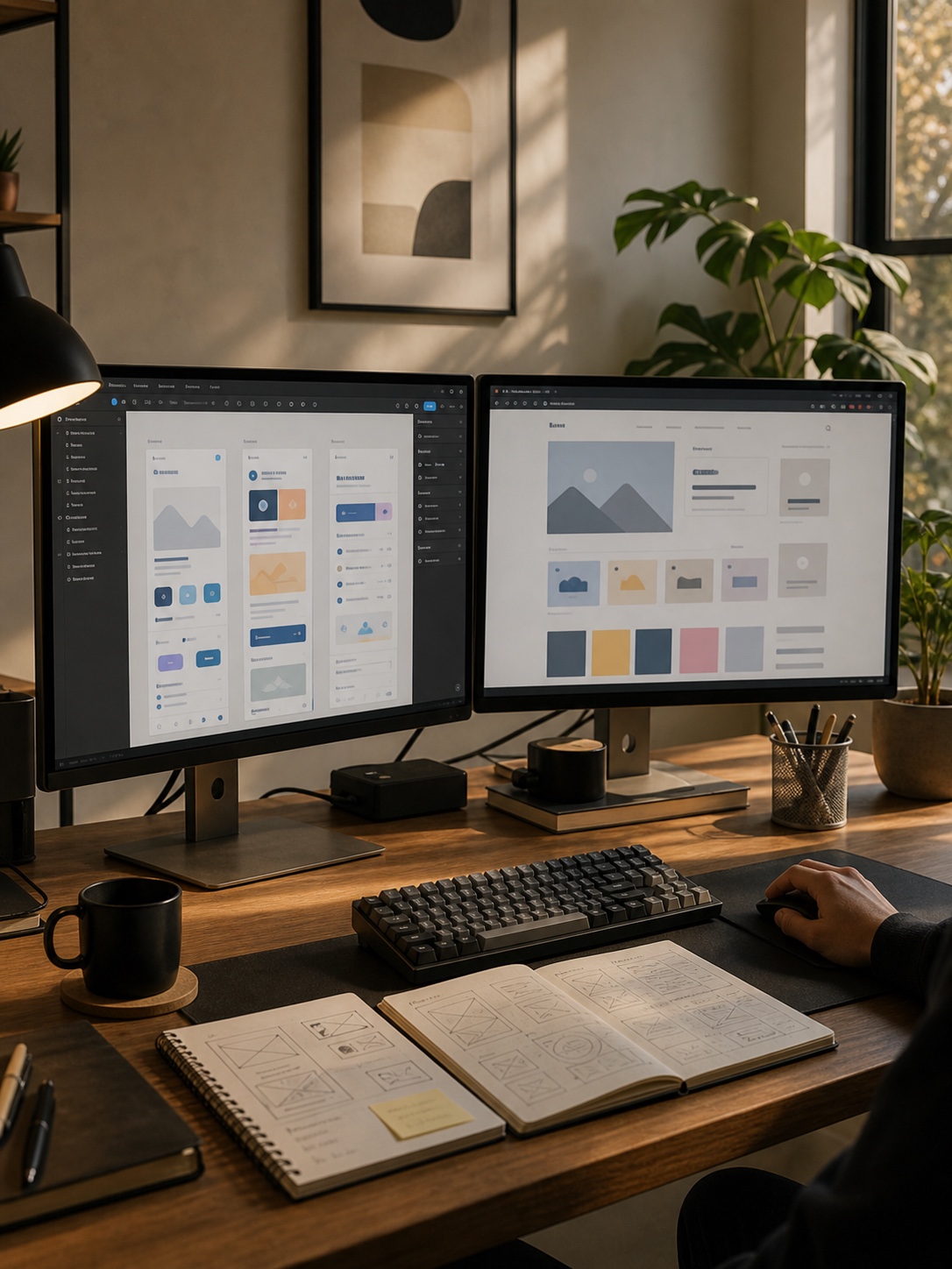Designer desk setup with dual monitors, wireframe sketches, keyboard, notebook, and warm afternoon light.