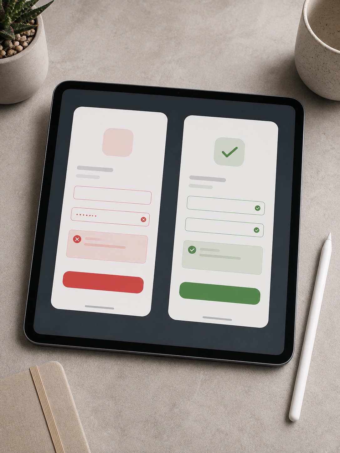 Tablet screen showing an abstract mobile form with red error feedback and green success confirmation areas.