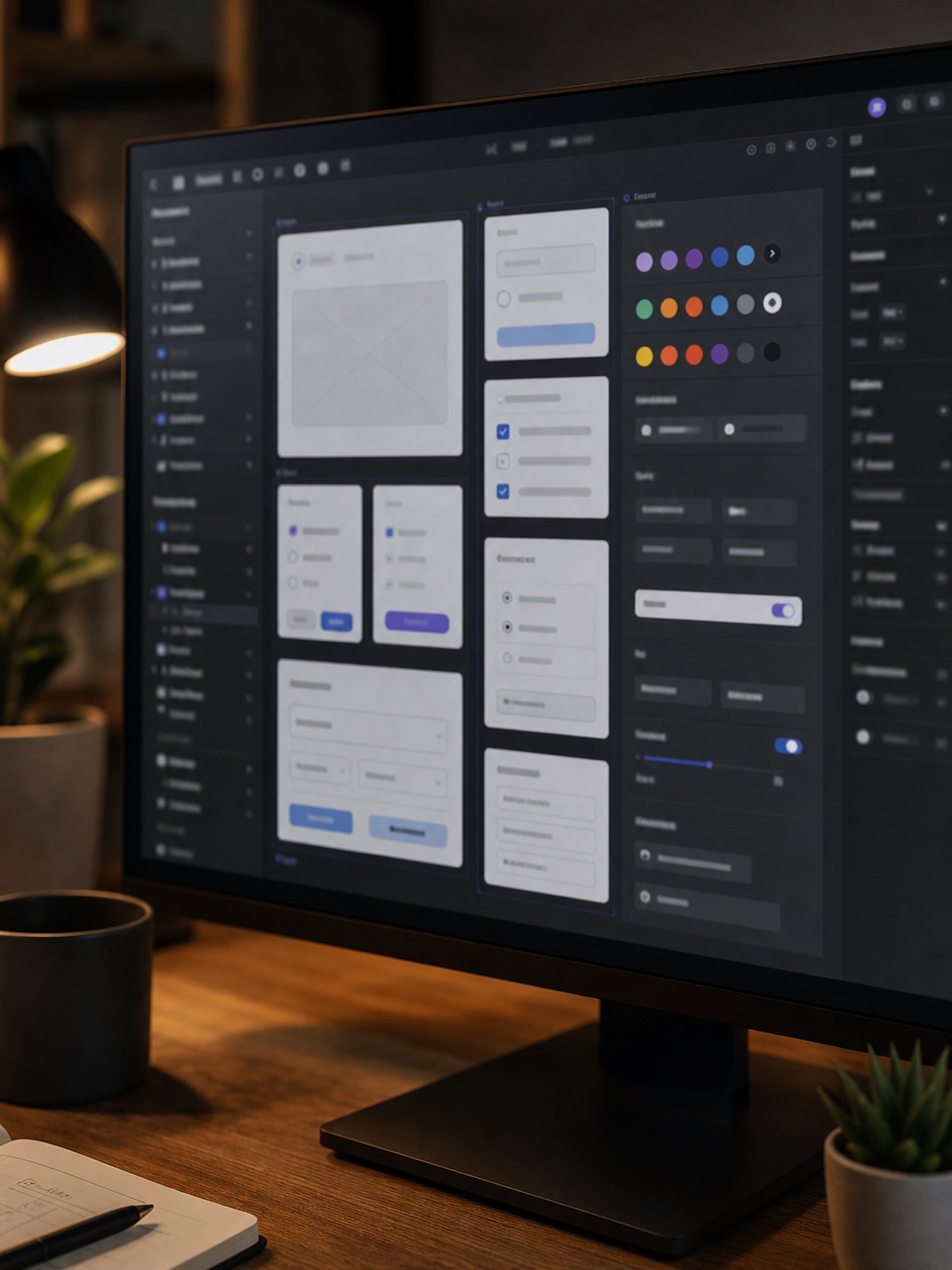 Large monitor showing an abstract Figma-style component library with frames, design tokens, and UI panels.