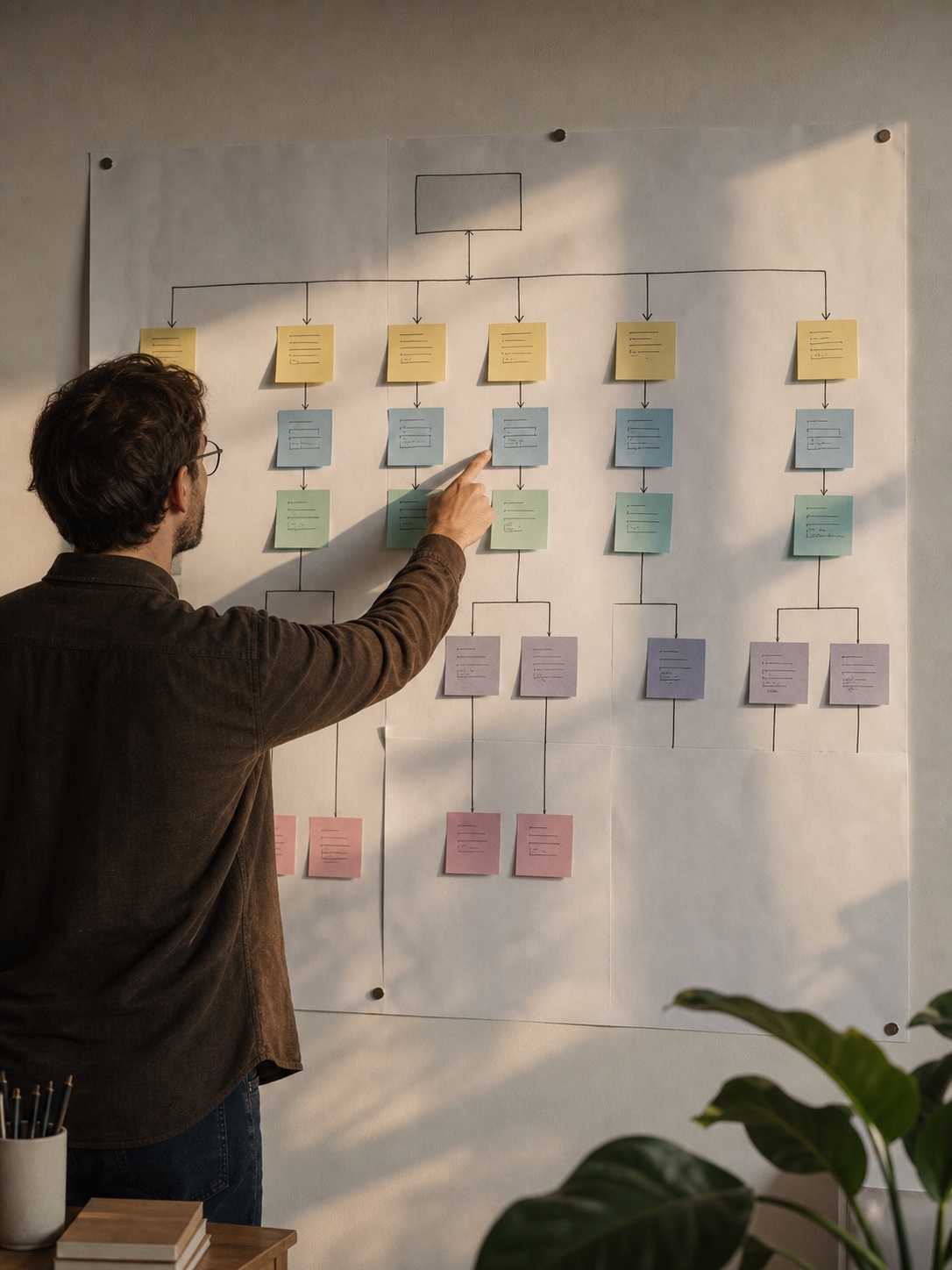 Information architecture diagram on a wall with grouped sticky notes and a designer pointing at the structure.