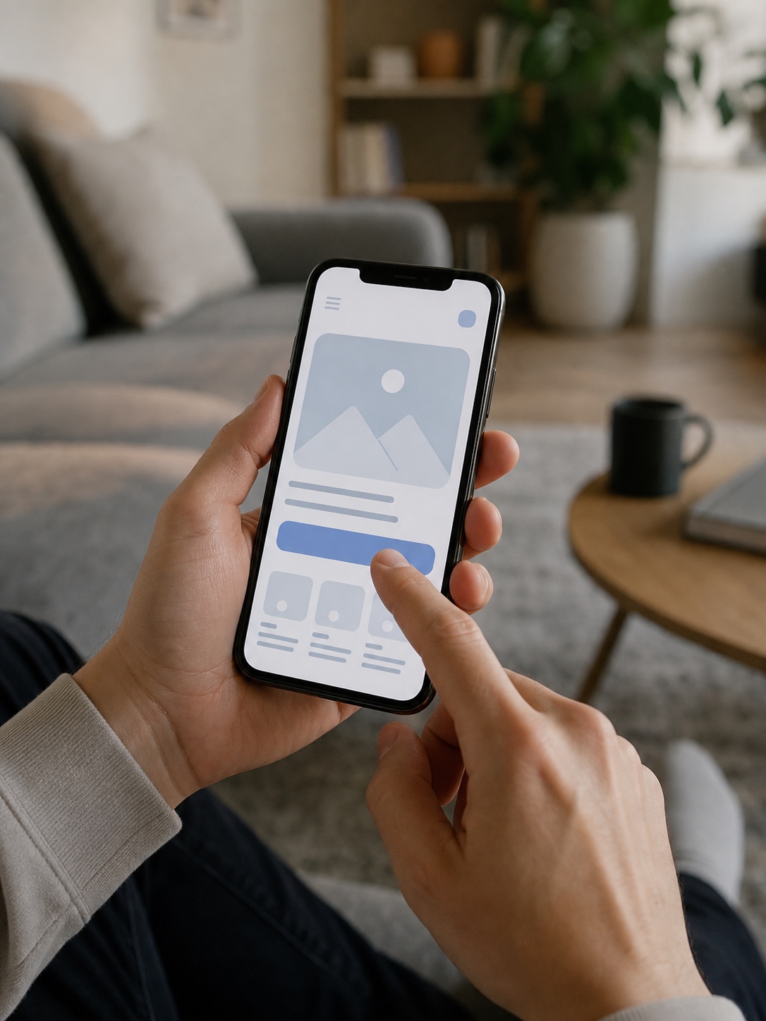 Person holding a smartphone with a clean mobile UX prototype while a finger is about to tap a button.