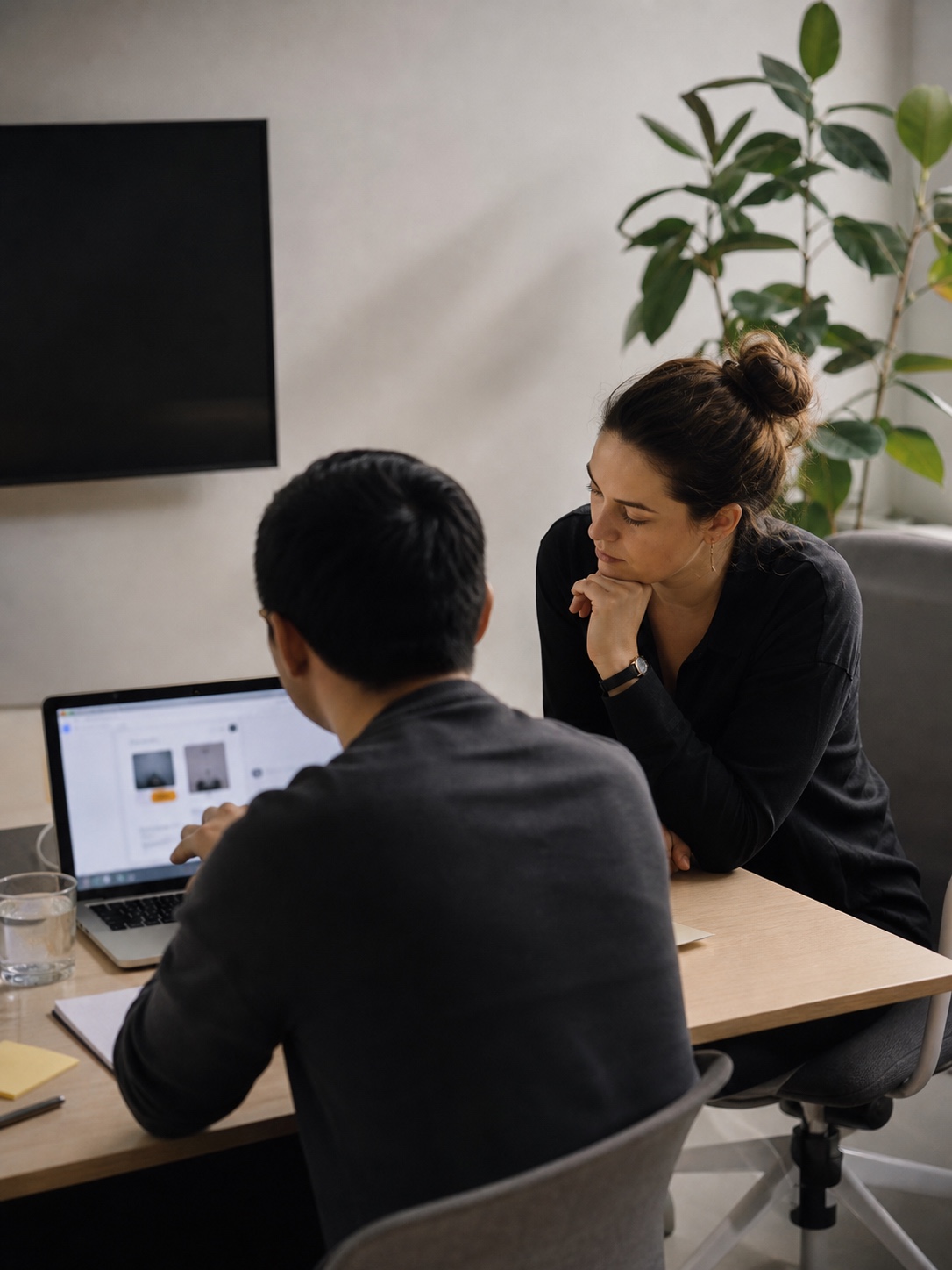 UX designer observing a person using a laptop during a focused usability testing session.