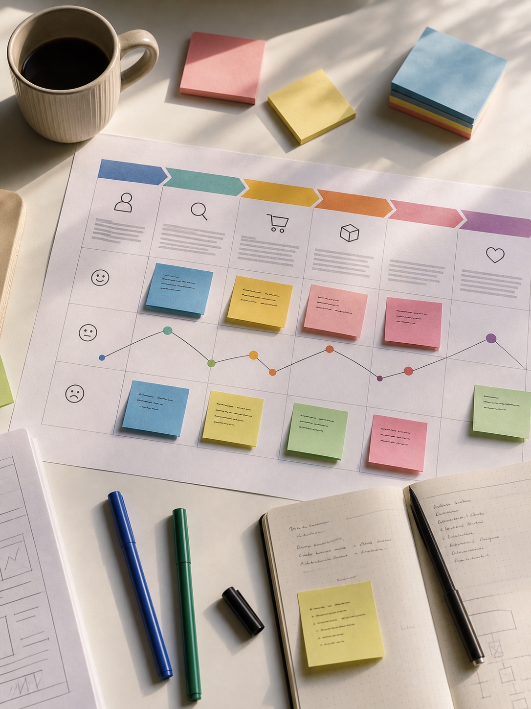 Printed user journey map with markers, sticky notes, and coffee on a white design table.
