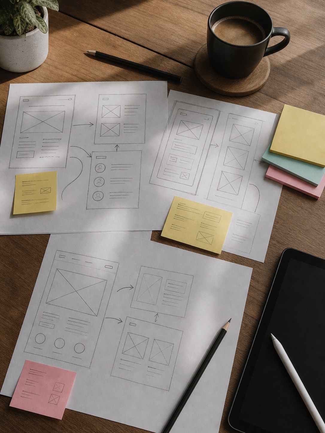 Hand-drawn UX wireframe sketches with sticky notes, pencil, coffee, and stylus on a wooden designer desk.