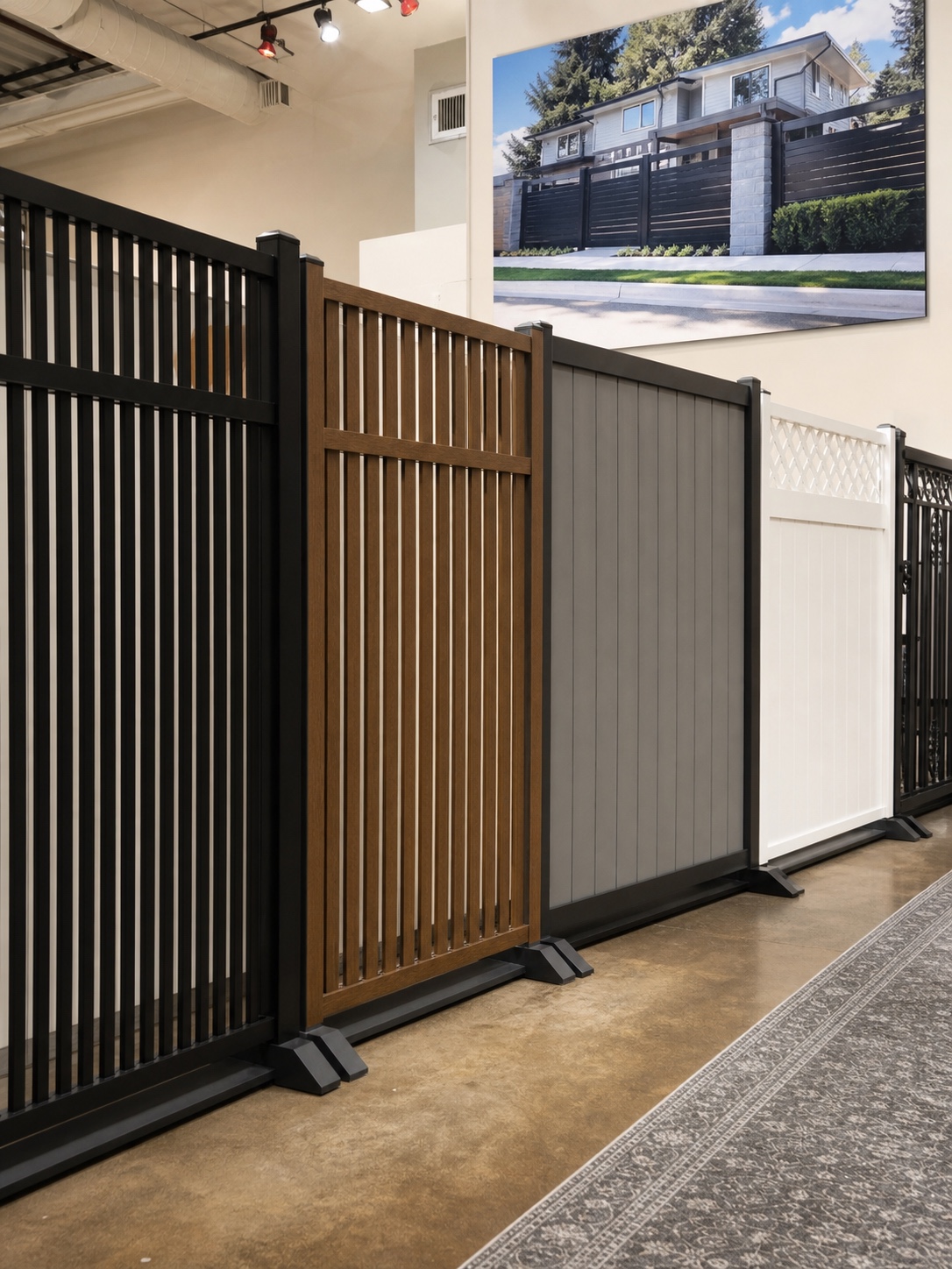 Full-size aluminum fence panel samples displayed in a Van Nuys showroom
