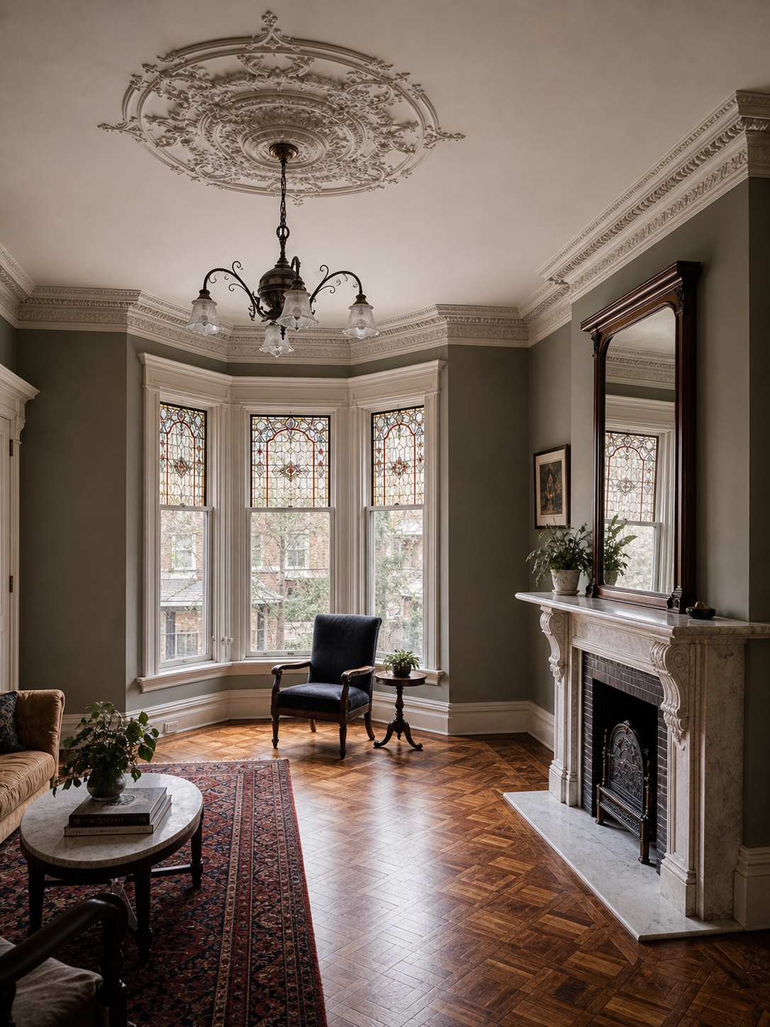 Victorian home interior with plaster ceiling medallion, bay window, parquet floor, and marble fireplace.