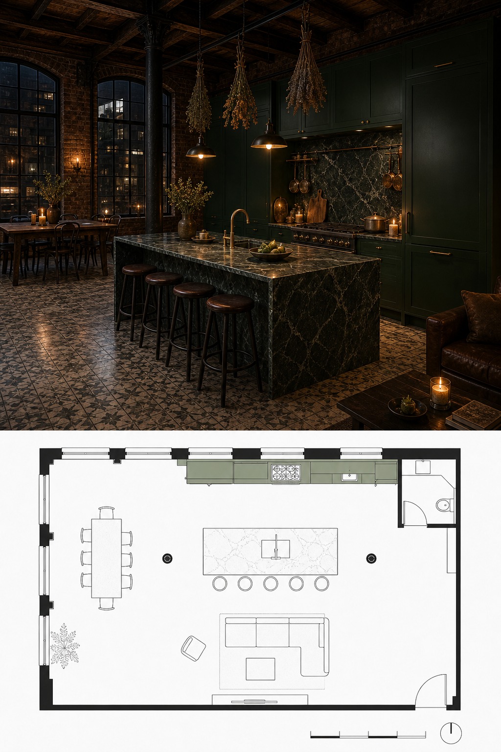 Split-panel reference of a Victorian warehouse kitchen with bottle green cabinetry and Verde marble island above a floor plan.