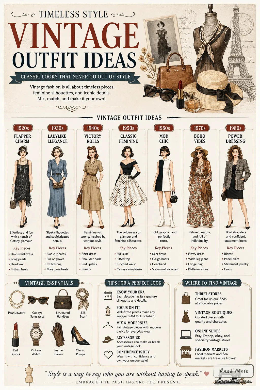 efe45225-6d57-43b6-9186-61aa53a5bee4 Vintage outfit ideas infographic: fashion styles 1920s–1980s with era outfits, accessories, styling tips and where to shop | Sky Rye Design Vintage outfit ideas infographic: fashion styles 1920s–1980s with era outfits, accessories, styling tips and where to shop