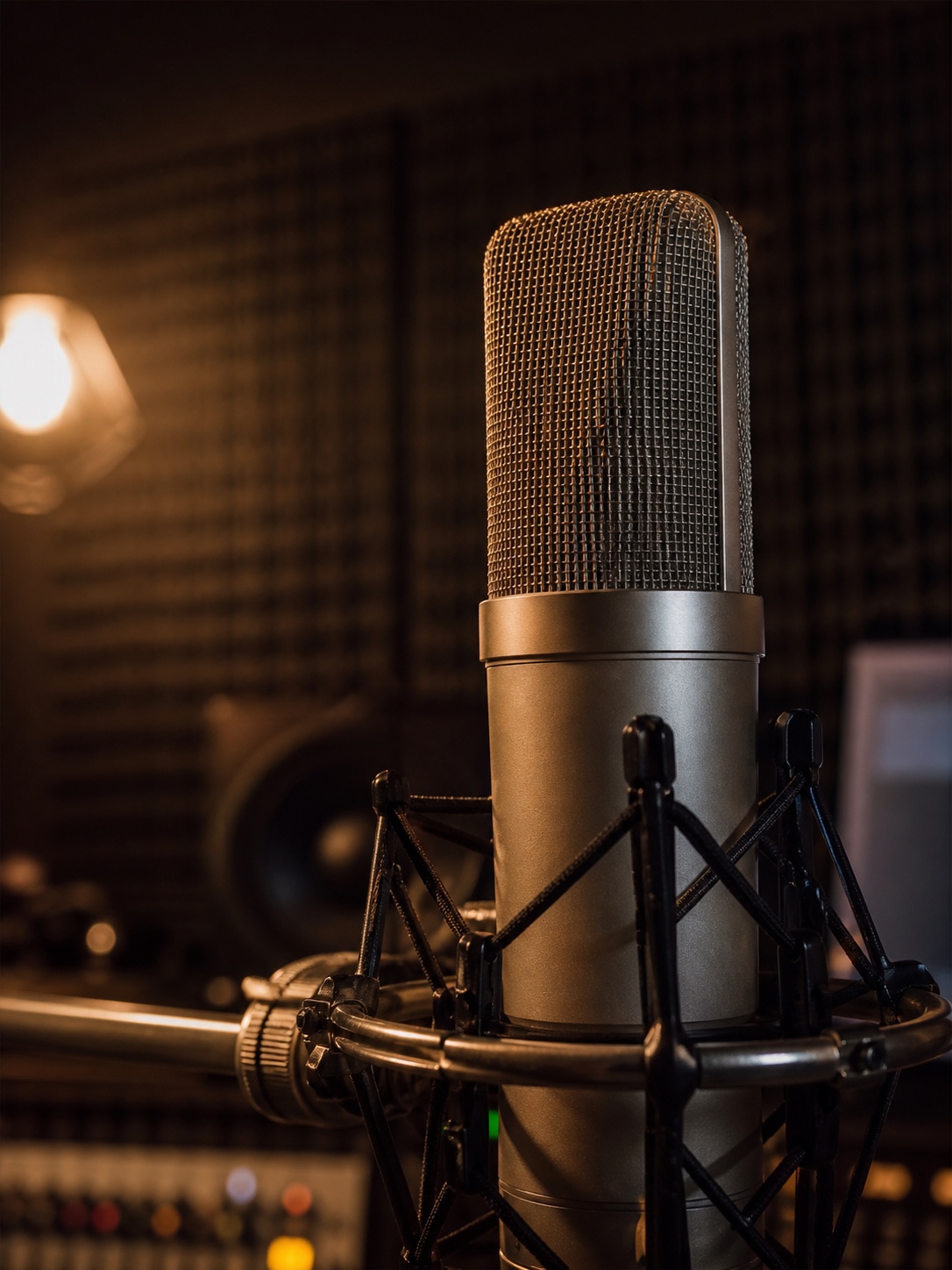 Professional condenser microphone in a warm recording studio with acoustic panels in the background.