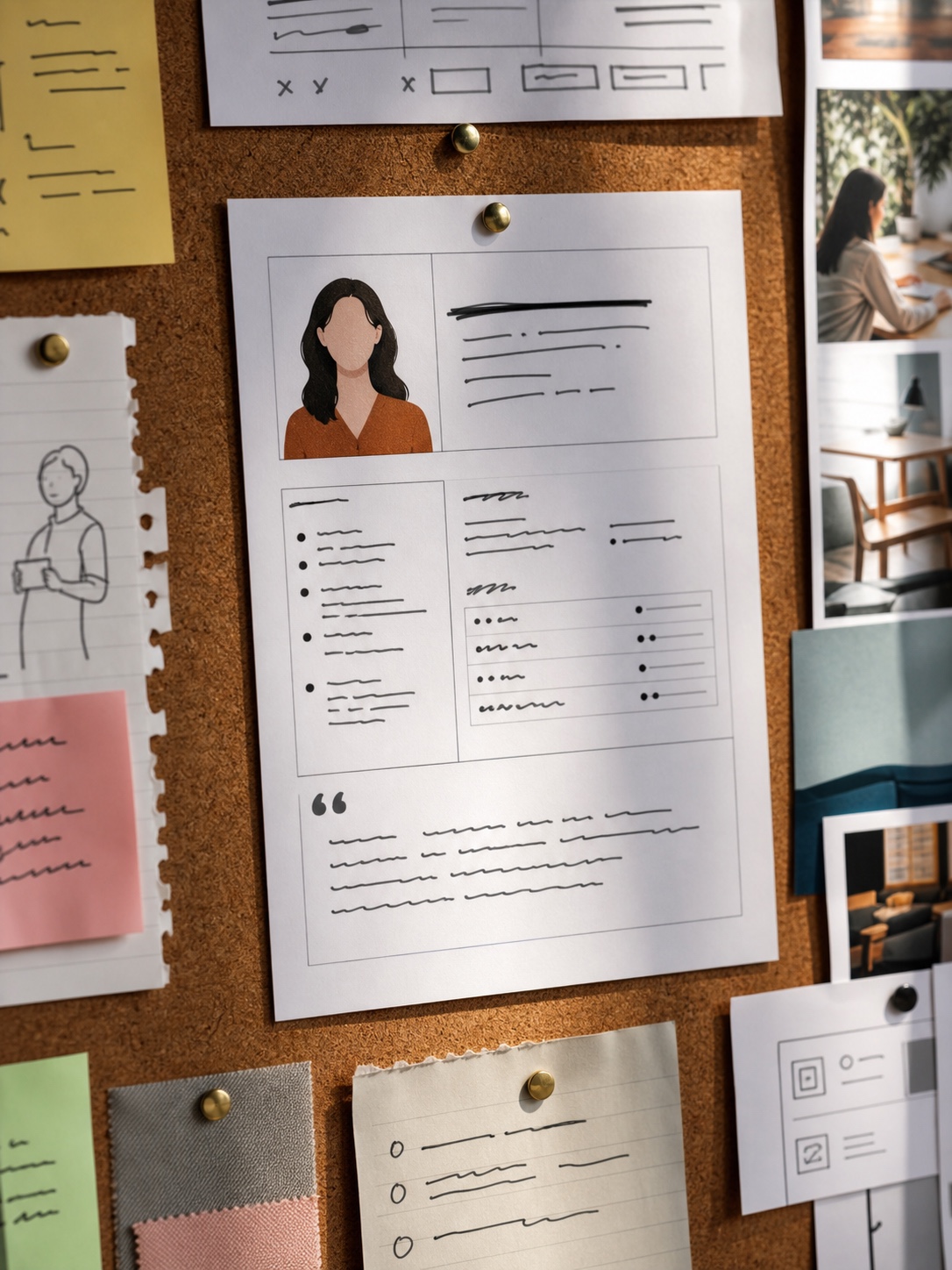 Voice persona character sheet pinned to a cork board with research notes and journey map fragments.