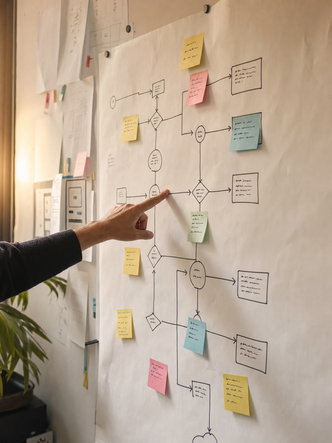 Voice UI conversation flow diagram on paper with sticky notes and a designer pointing at a branch.