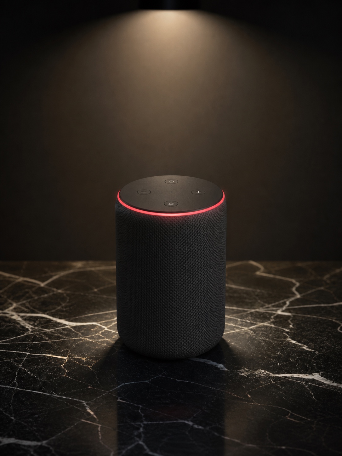 Smart speaker with a subtle red ring light on a dark marble surface.