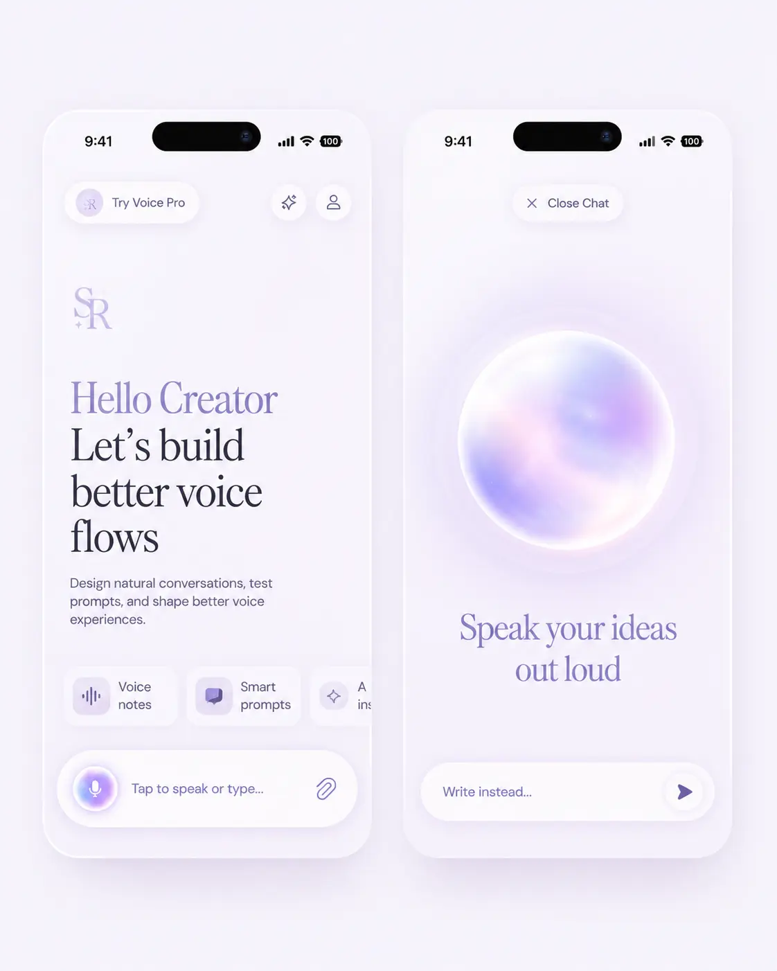 Voice app mobile UI mockup: two pastel purple iPhone screens showing Hello Creator onboarding and voice input.