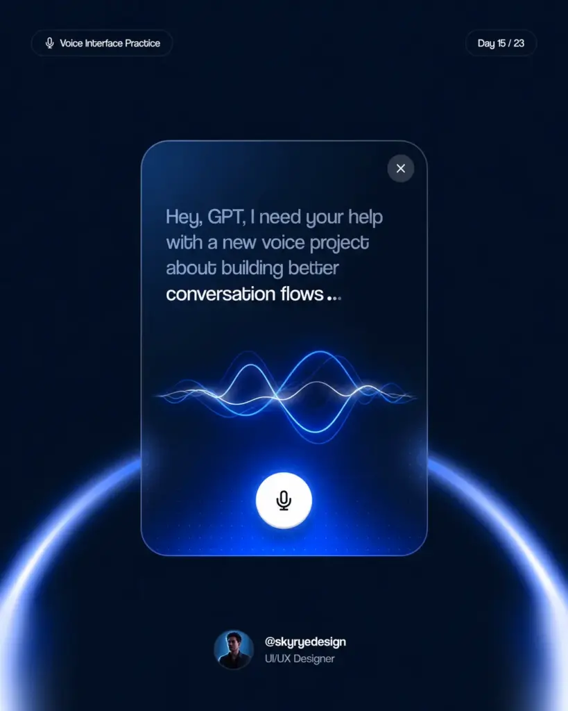 Dark blue voice interface UI with glowing waveform, microphone button and text Hey, GPT about conversation flows