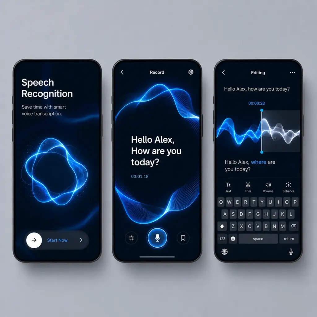 Speech recognition mobile app UI with voice transcription, recording waveform and editing tools across 3 smartphone screens