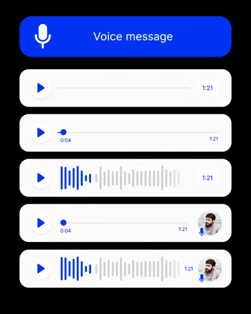 Mobile voice message UI mockup with play buttons, audio waveforms, progress bars, timestamps and avatars