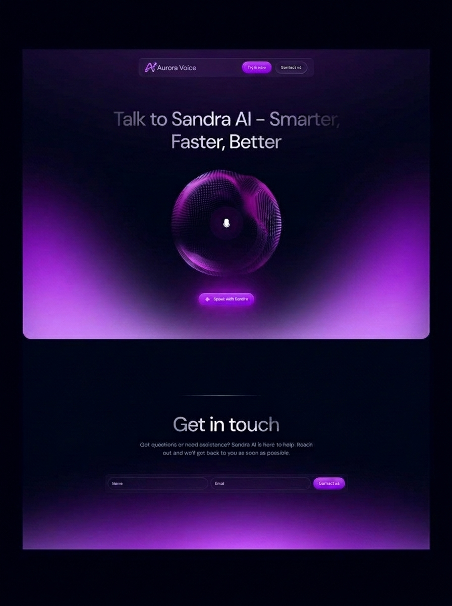 Sandra AI voice assistant landing page (Aurora Voice) with glowing purple voice orb and contact form