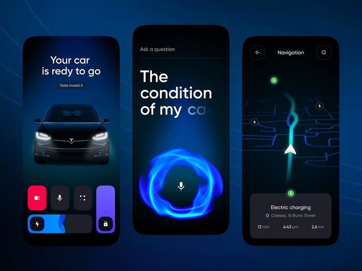 Tesla Model S mobile app UI displaying EV dashboard, voice assistant, and charger navigation